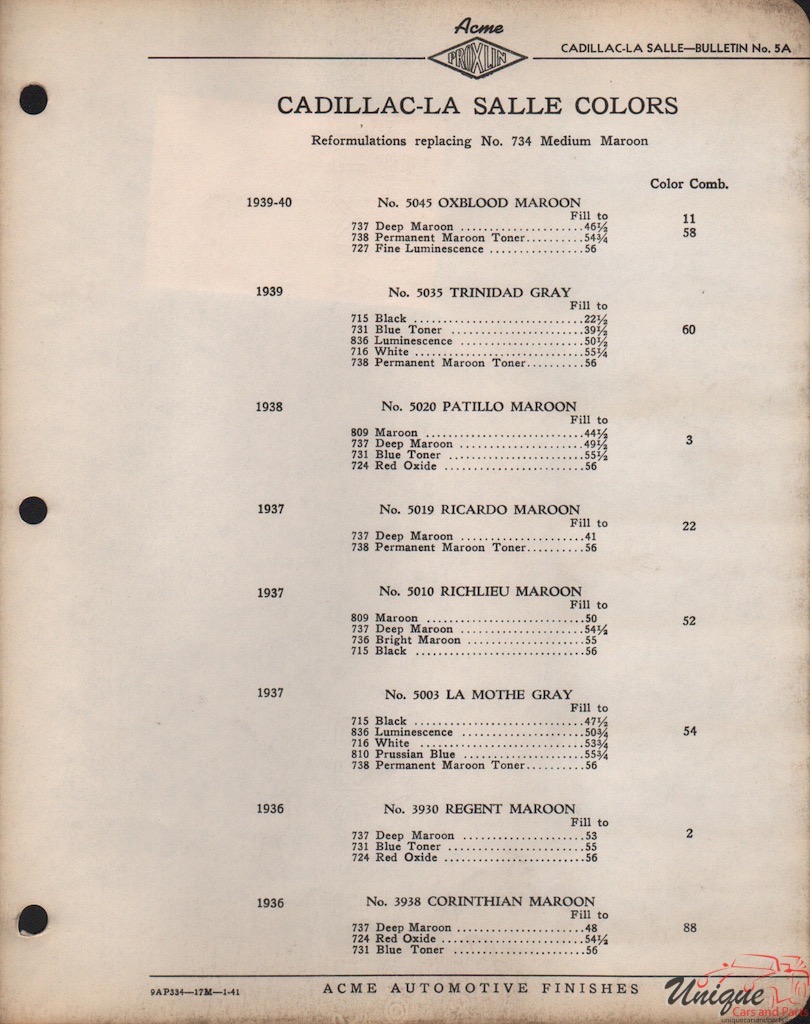 1936 Cadillac Paint Charts Acme 5